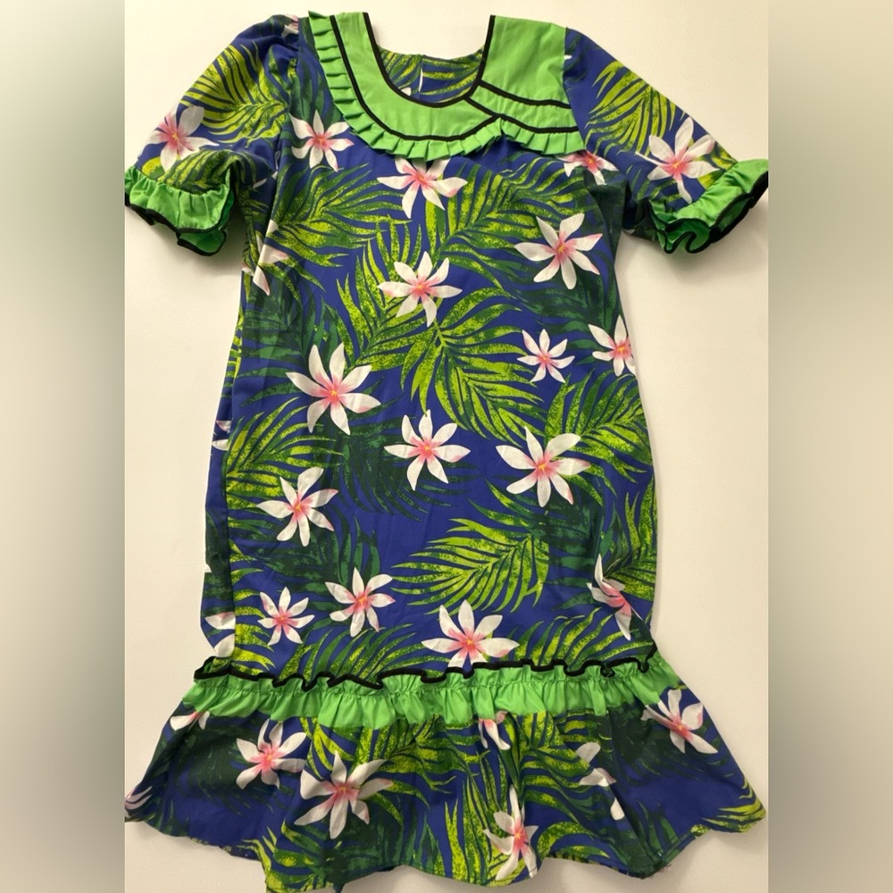 Tropical Hawaiian Floral Palm Leaf Ruffle Dress Luau Tiki Resort Retro
XL